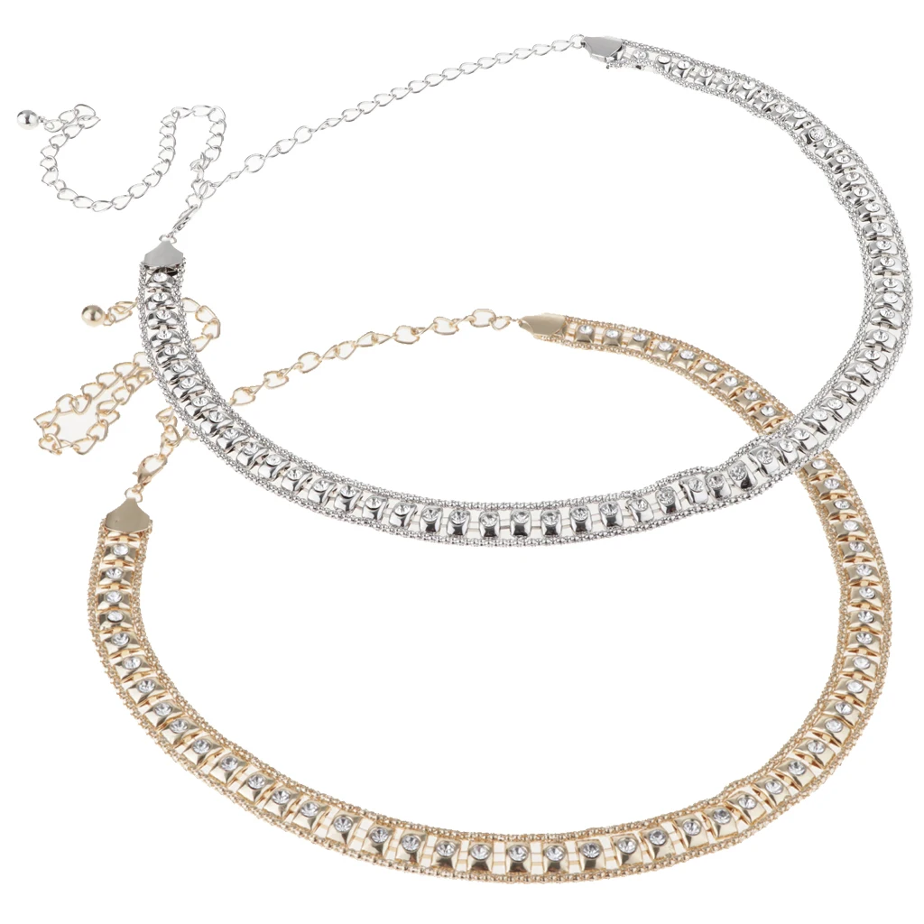Women Adjustable Waist Chain Metal Bohemian Belly Dance Belt with Clear Rhinestone for Cocktail Dress Decoration Outfit