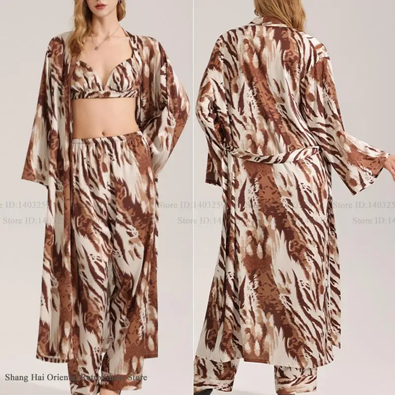 

Luxury Fashion Female Long Robe Pajamas 3PCS Set Spring Autumn New Sleepwer Pijamas Suit Loose Ice Silk Home Clothes Loungewear