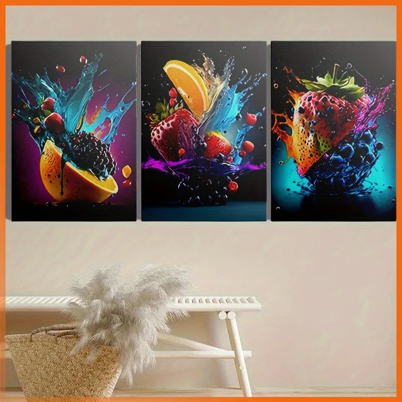 Frameless 3PCS 2D Decorative Painting - Canvas Painting - Colorful Fruit Splashes On Dark Background - Cheap Room Decor - Kit