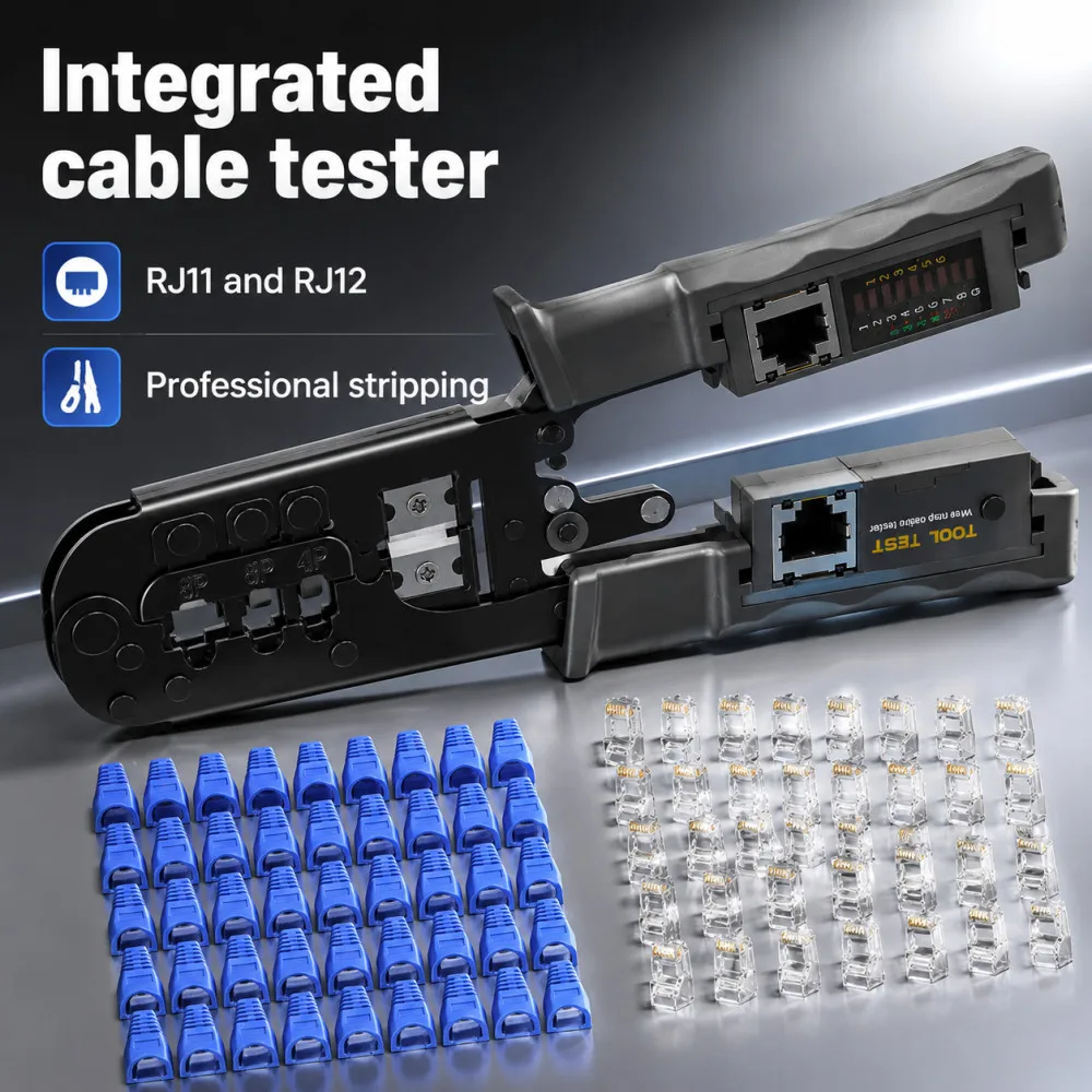 新しいrj45ネットワークケーブルクリンパー8p6p4p三用途テスターラチェットツール圧着ワイヤーネットワークプライヤー（cat6コネクター付き）