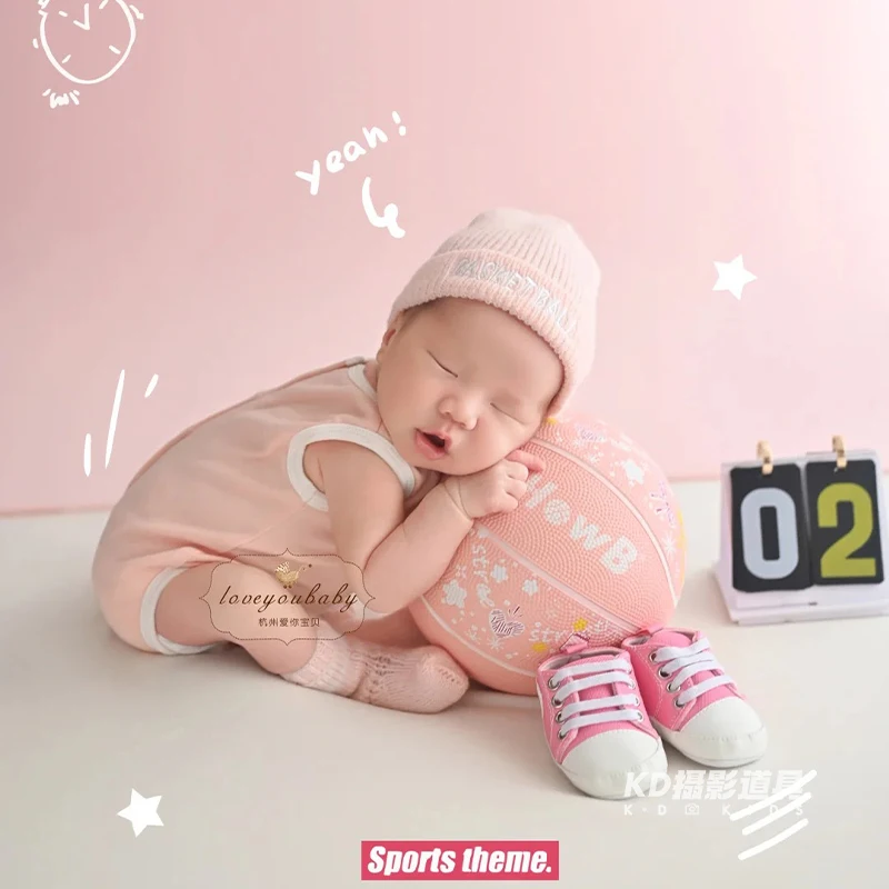 新生児バスケットボール写真撮影衣装ピンクスポーツテーマ写真小道具幼児スタジオ撮影服ロンパース帽子靴下衣装