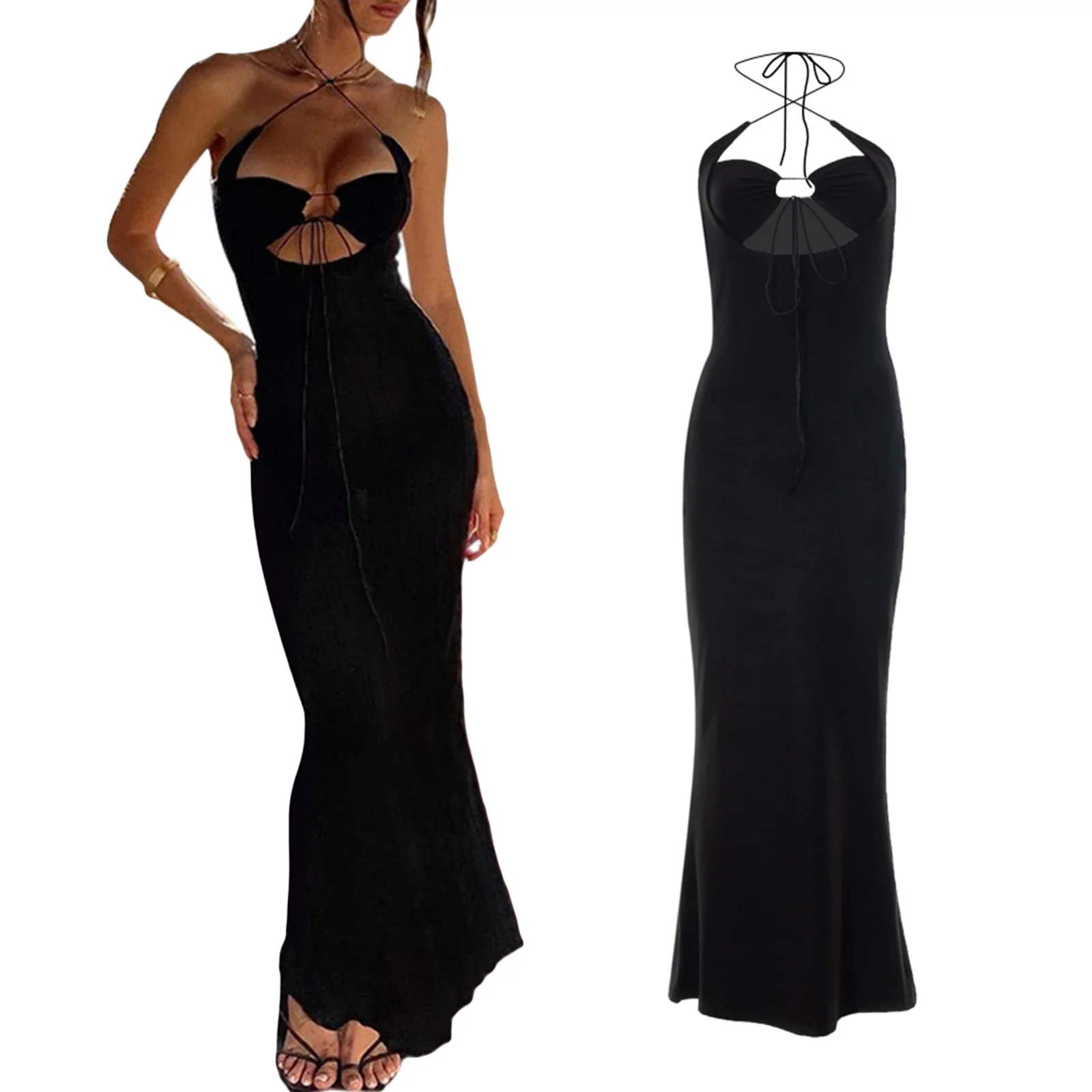 Sexy women's Long Halter Dres Slim-fit Tie-up senza maniche tinta unita ritaglio estate Spaghetti Strap abiti da Cocktail Party y2k