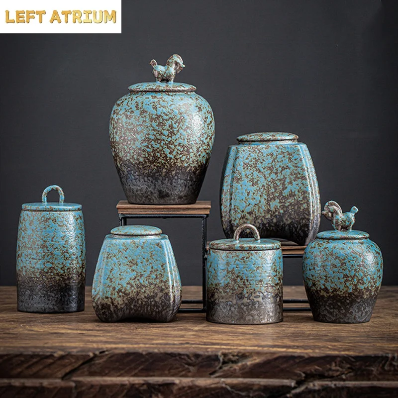 Kiln Turns Blue Ceramic Tea Caddy Sealed JarTea Box Decorative Storage Tank Tea Organizer Candy Jar Tea Container Storage Bottle