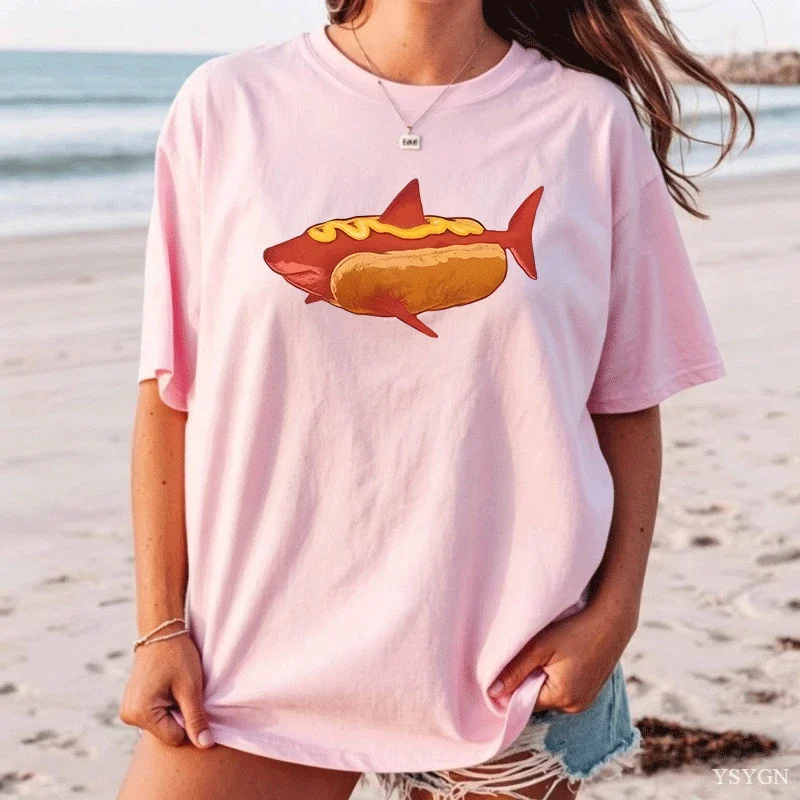 Funny Shark Hot Dog Mustard Food Mashup Humor T Shirts Womens 100% Cotton Humor T-Shirt O Neck Tee Shirt Short Sleeve Tops