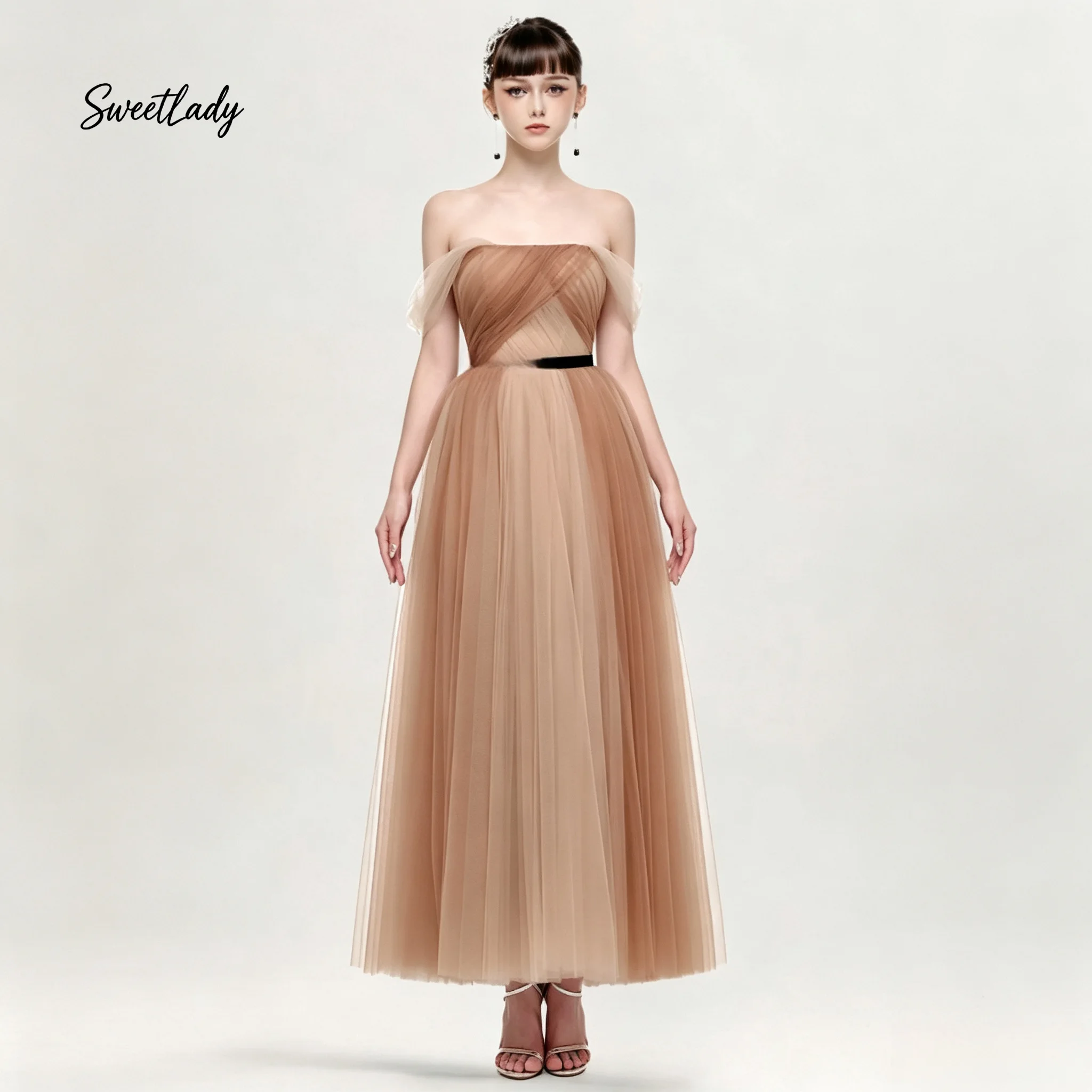 SweetLady Gradient Mocha Off Shoulder Tulle Midi Dress Crisscross Bodice Black Belt A Line Fairy Wedding Bridesmaid Formal Gown