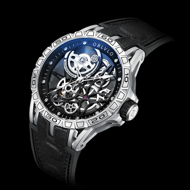 OBLVLO Men Automatic Watch 47MM Fashion Mechanical Wristwatch Waterproof Sapphire Luminous Skeleton Dial
