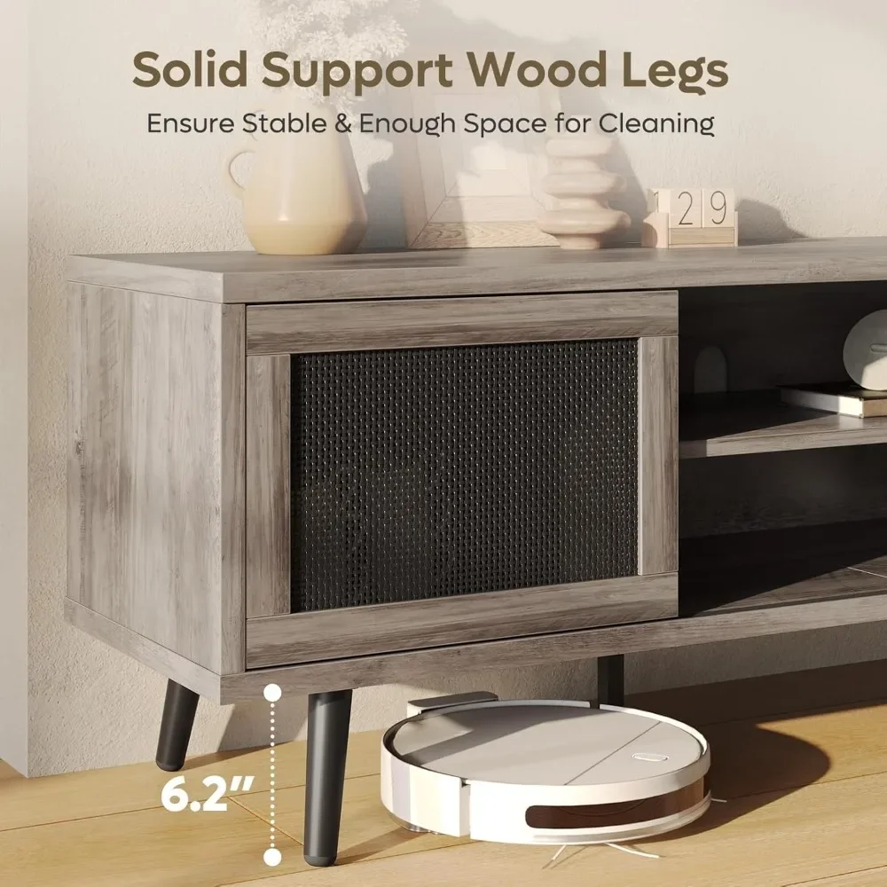 حامل تلفزيون من الروطان لأجهزة التلفاز حتى 75 بوصة وحدة تحكم الوسائط مع أبواب منزلقة ومركز ترفيه مع مساحة تخزين #5