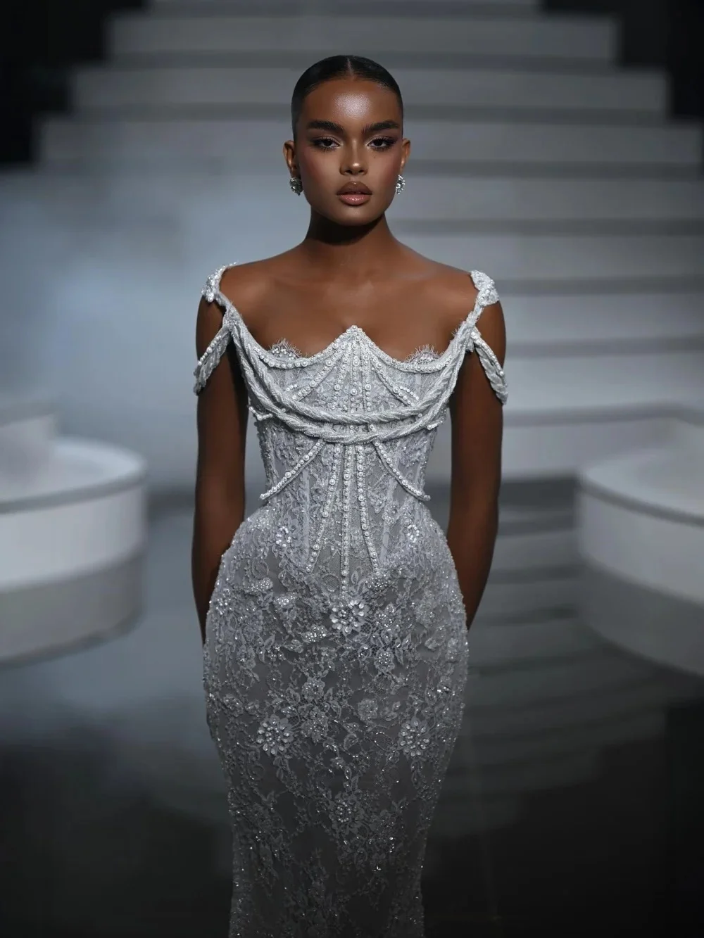 Stilvolle Applikationen Brautkleider Perlen Meerjungfrau Brautkleider Boot Illusion Ärmellos Prinzessin Maßgeschneiderte Vestidos De Novia