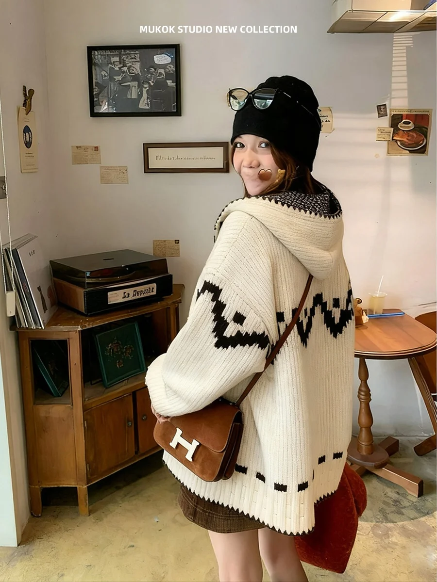 

MUKOK 2025 Осенне-зимний женский утепленный свободный вязаный шерстяной кардиган-пальто на молнии, повседневный, удобный, дышащий