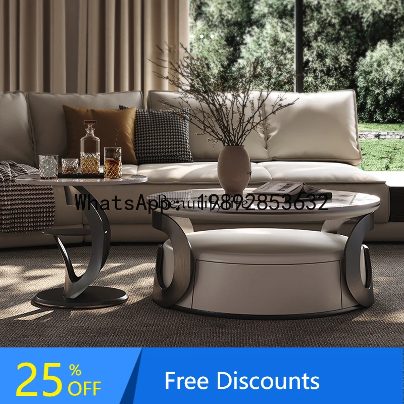 

HH Light luxury stainless steel rock slab coffee table combination size round living room home