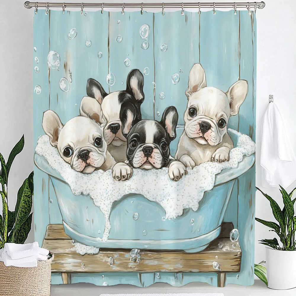Funny Dogs Cute Shower Curtain,Bathing Dog Bulldog Pet Hilarious Farmhouse Rustic Bathroom Curtain Decoration with 12 Hooks