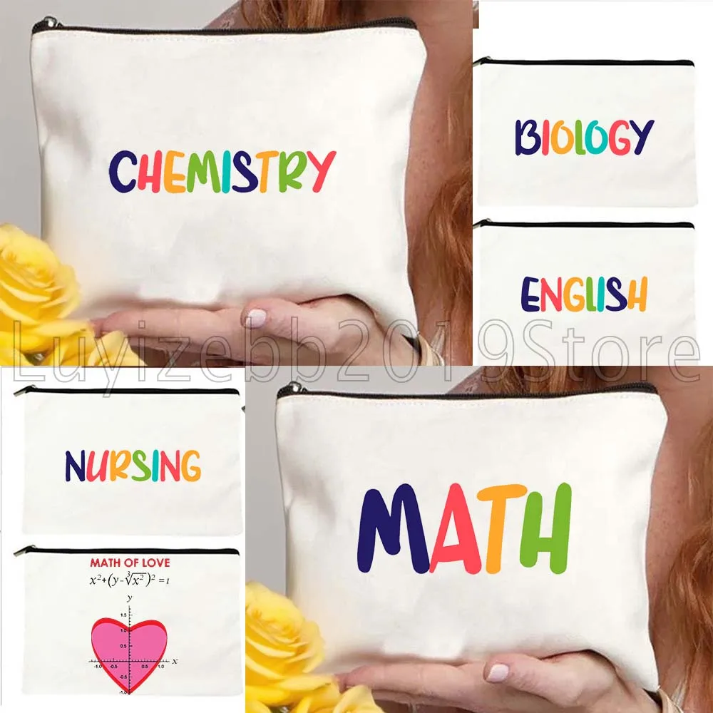 

Biology Chemistry Math English Letter Gifts Canvas Cosmetic Bag Makeup Toilet Bags Pencil Case Pouch Purse Storage Cotton Bags