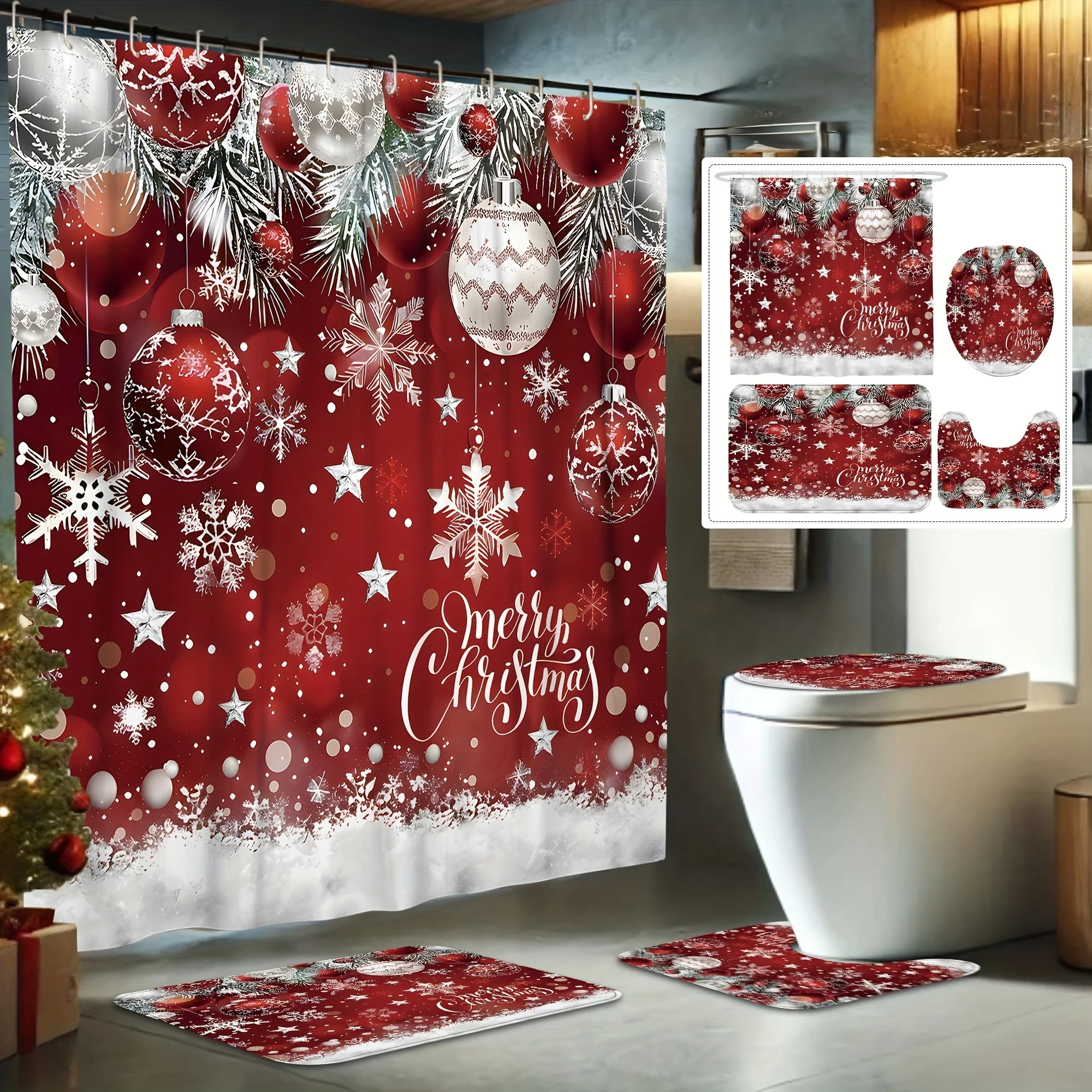 

Роскошный праздничный красный комплект занавесок для душа из 4 предметов, с крючком и U-образным чехлом на сиденье унитаза, аксессуары для ванной комнаты, рождественские украшения