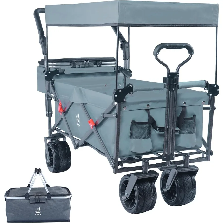 

Collapsible Wagon Heavy Duty Folding Wagon Cart with Removable Canopy 4 Wide Large All Terrain Wheels Brake Adjustable Handles