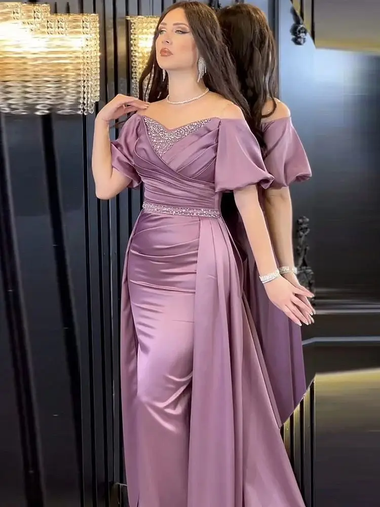 2025 Elegant Satin Evening Dresses Off The Shoulder Formal Party Prom Gowns Customized Short Sleeves Beaded Vestidos De Noche