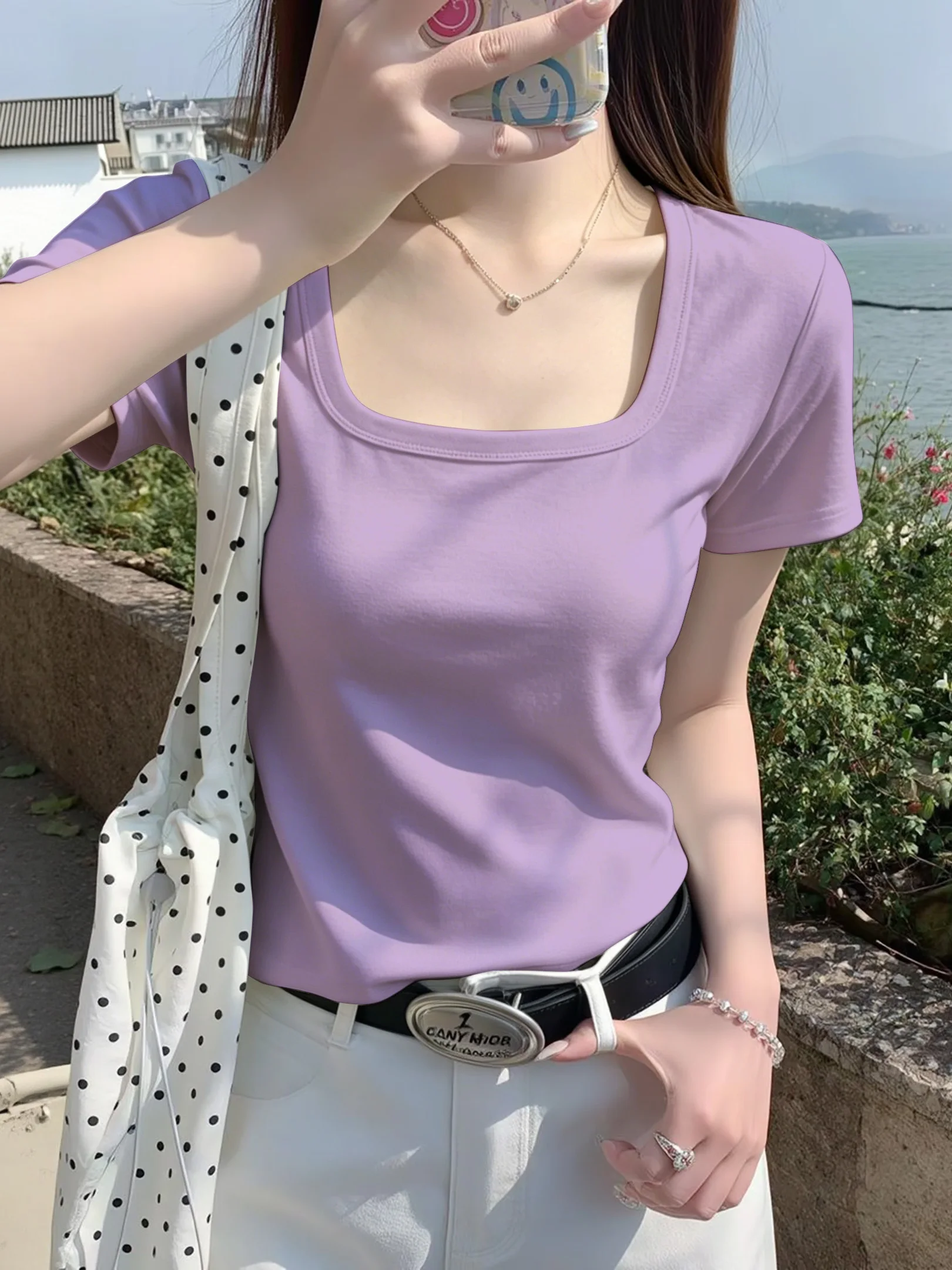 Elegant Purple Slim Fit Short Sleeve T-Shirt Square Collar Bore Shoulder Women's Summer Top Age Reduction Cotton Blend Tee