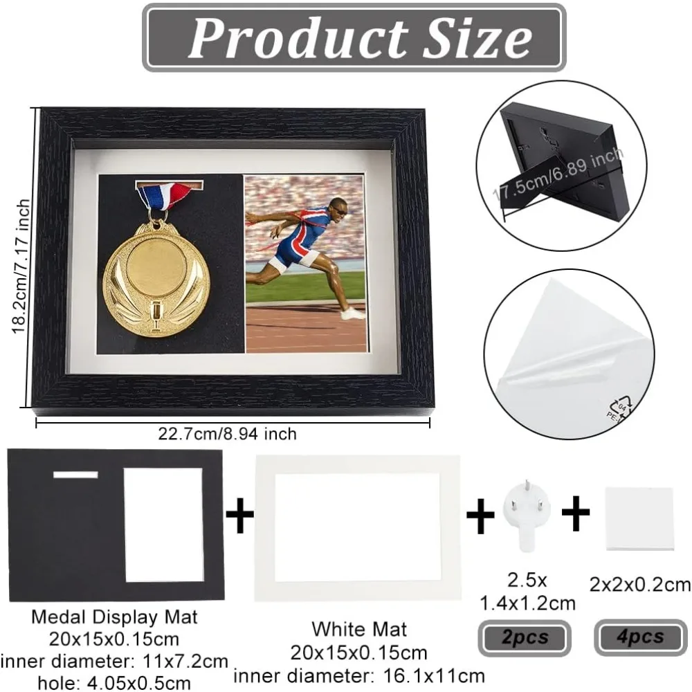 Medal Display Shadow Box 6.9x7.2x9 inch Black Medal Display Case Natural Wood Photo Frames with Clear Window for Making Kit