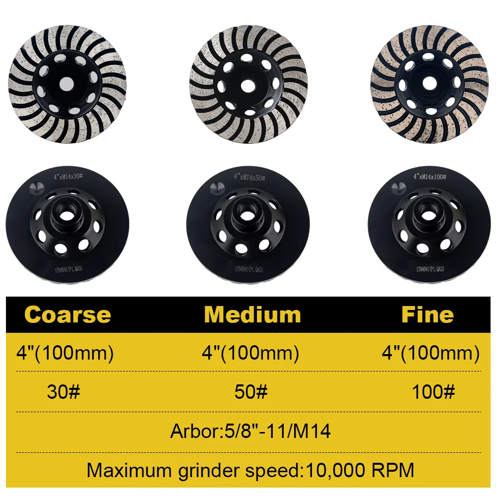 أربور-عجلات قرص جلخ ماسية 4 بوصة ، 3 قطعة/المجموعة/مجموعة M14 توربو مع داعم حديد للطحن والخرسانة والبلاط