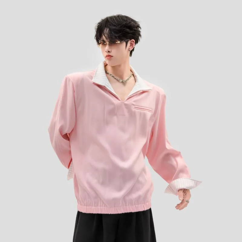WVGA Spring Autumn New Men Simple Pullover Loose Versatile High-end Faux Two-piece Trendy Shirt Niche Chic Casual Top Ins W27754