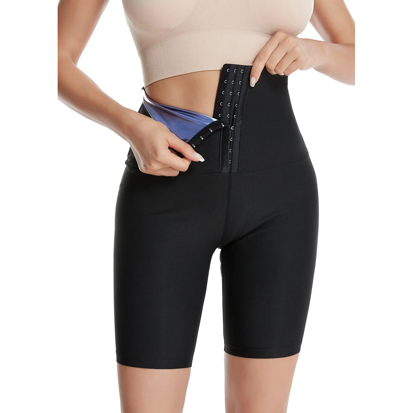 Ladies High Waist Full Coating Sweat Shaper Pants Button Closure Tummy Control Workout Shorts