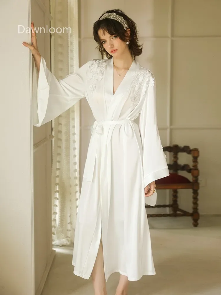Dawnloom Women's White Silk Lace Embroidery Long Robe Wide-Sleeve Tie-Waist Split Luxury Loungewear