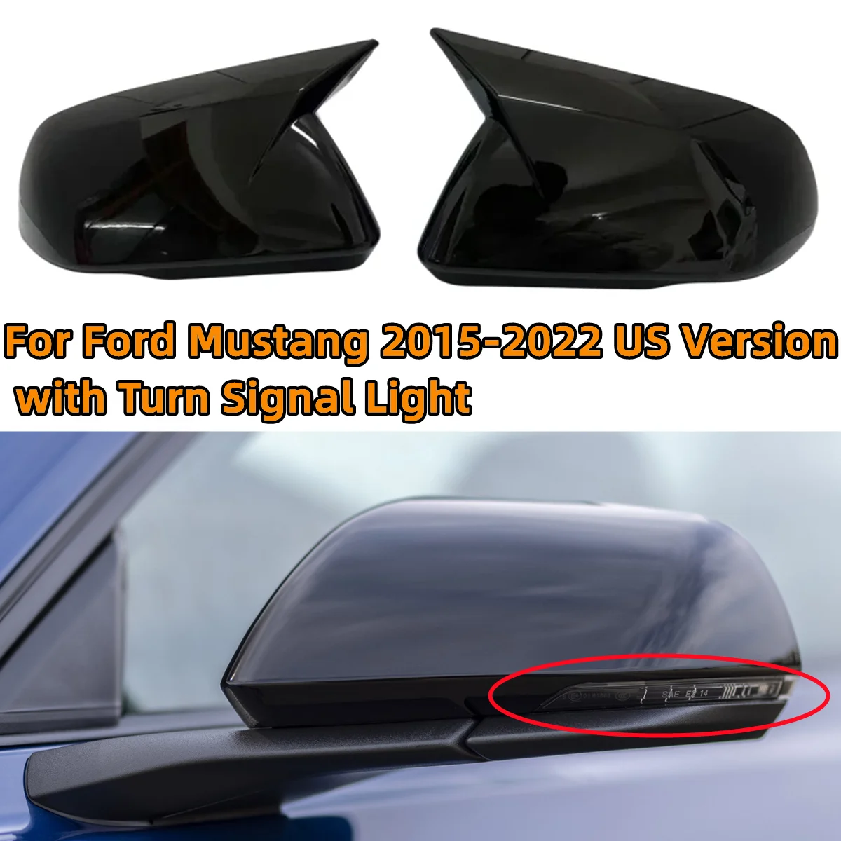 

Pair Car Side Wing Rearview Mirror Cover W/Signal Light For Ford Mustang 2015-2022 Mirror Caps Carbon Fiber Look/Glossy Black