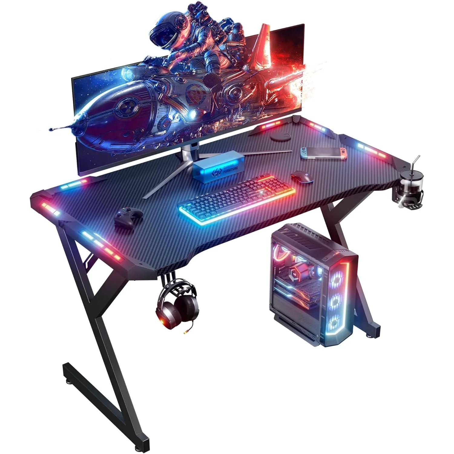 

40 INCH Gaming Desk with LED Lights, Home Office Gamer Desk, Ergonomic Computer Table with Large Carbon Fiber Desktop