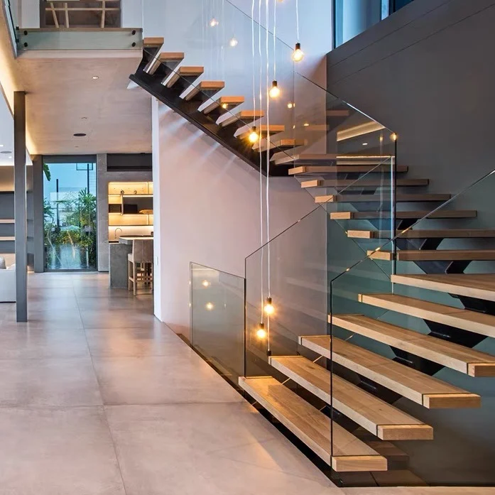 カスタマイズ可能なU字型階段、室内階段、無垢材のステップ、ガラス製の手すり付き