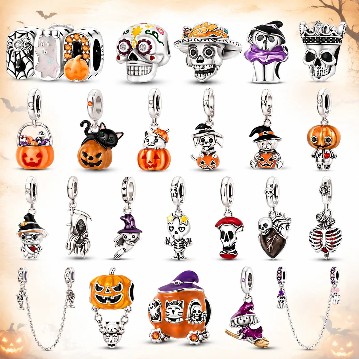925 Sterling Silver Halloween Charm Beads Pumpkin Skull Witch Ghost Black Cat Pendant Fit Necklace Bracelets Women Jewelry Gift