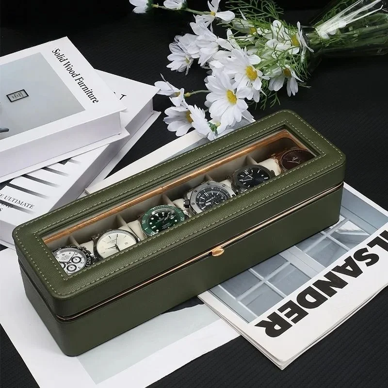 

New PU Leather Watch Storage Box 6 Slots Clear Window Watch Organizer Case Transparent Lid Soft Interior Watch Bracket