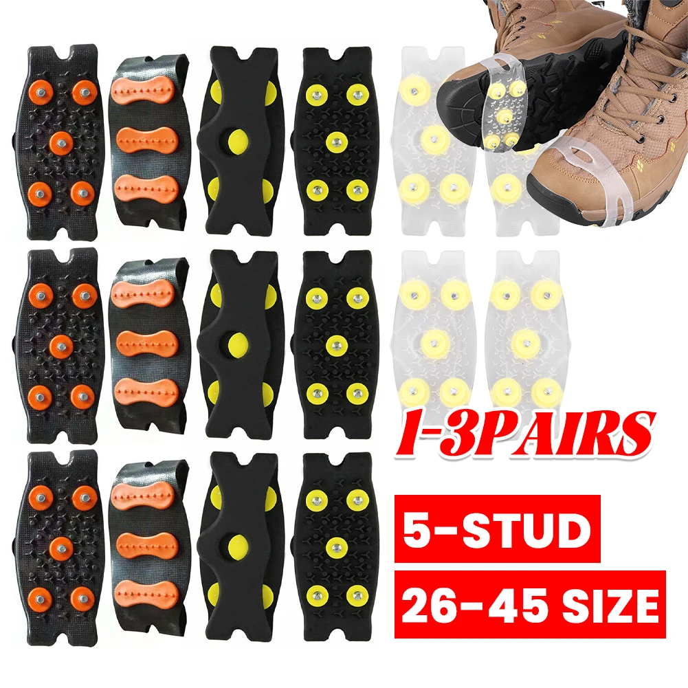 1-3Pairs 5-Stud Climbing Crampons Anti Slip Mountaineering Cleats Unisex Boots Snow Cleats Outdoor Chain Shoe Spikes