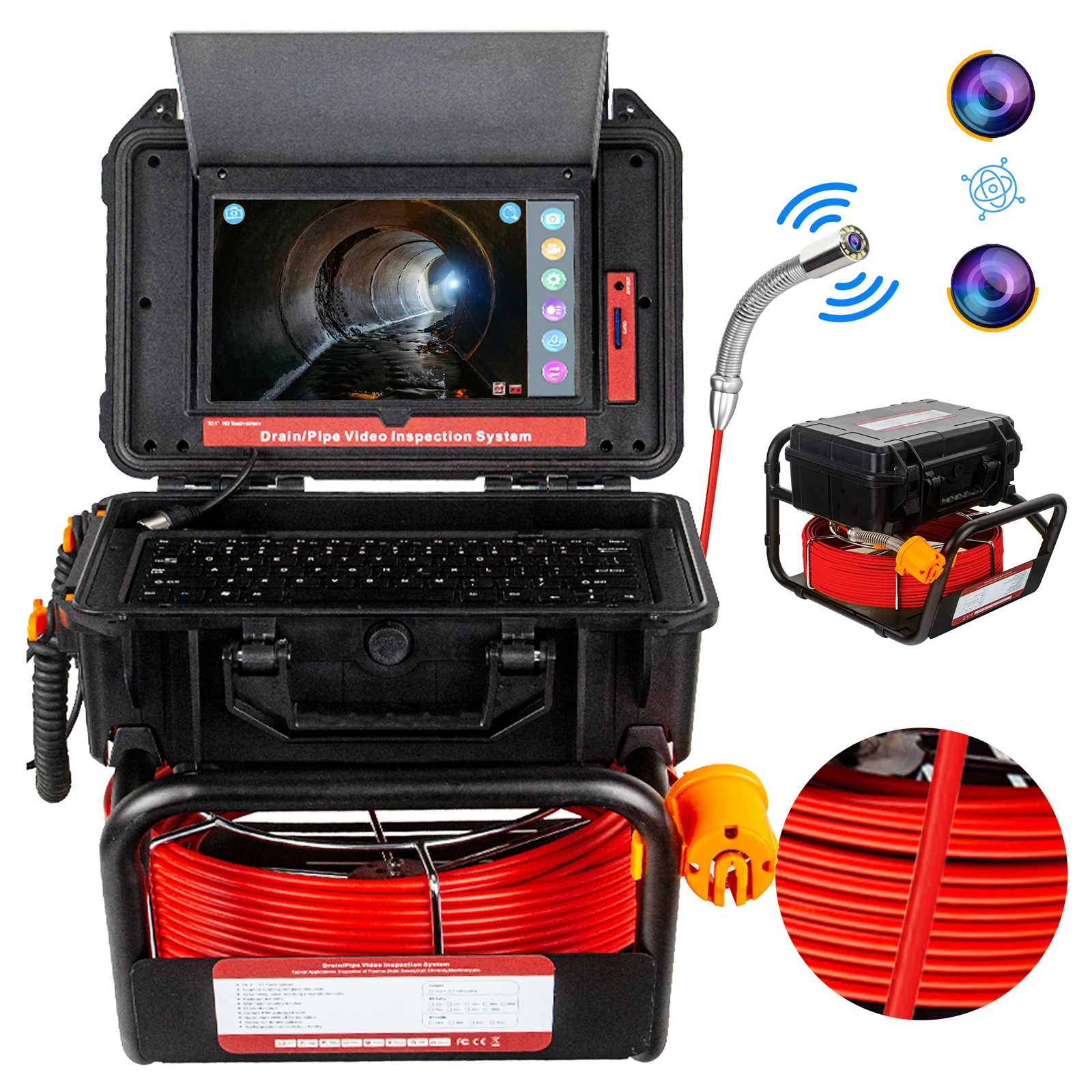 

Pipe Inspection Camera and 512HZ Locator Self-Leveling Distanc Counter Sewer Camera with keybord and 7mm Cable 10.1in HD Screen