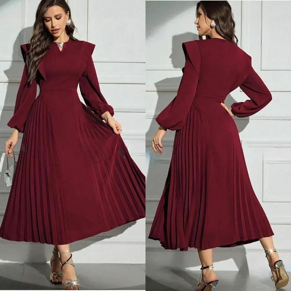 

Customized Intricate Jersey Pleat A-line O-Neck Midi Dresses Evening Dresses Classic Exquisite Modern Style Pastrol Unisex Chine