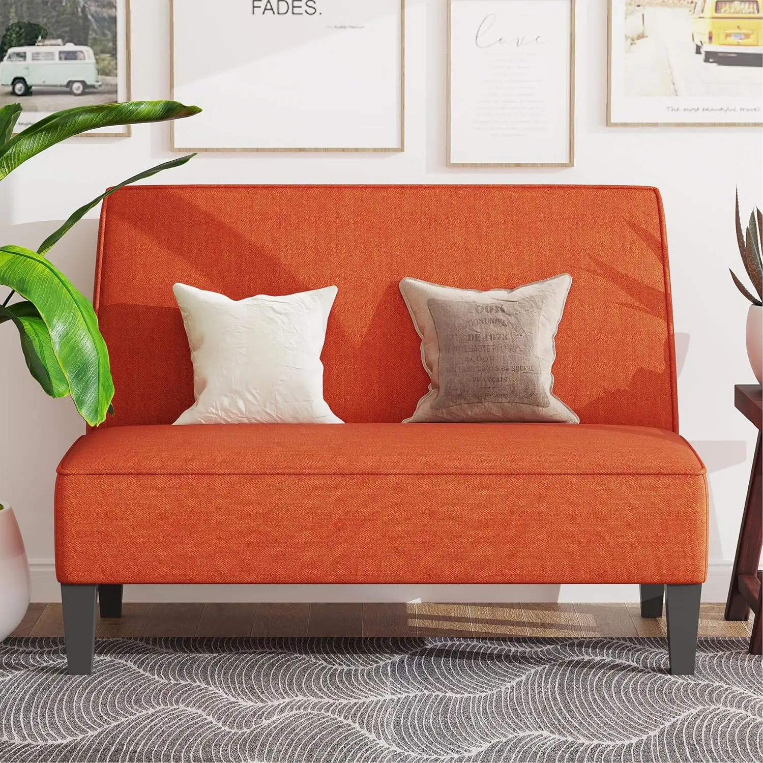 Small Loveseat Mini Sofa Couch Accent Upholstered Bench with Back Living Room Bedroom Office ArmlLove Seat Settee Orange