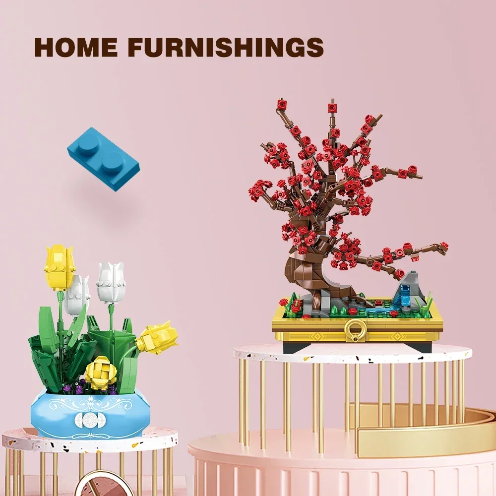 Kleine Ziegel Blume Baum Baustein Kit DIY Home Dekoration Topfpflanze Blume Botanische Bau Spielzeug Mädchen Geschenk