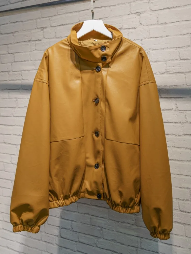 

Куртка-бомбер из искусственной кожи для женщин, новинка 2023 года, осень-зима, повседневная свободная однобортная куртка-бомбер с воротником-стойкой и длинными рукавами, пальто ﻿