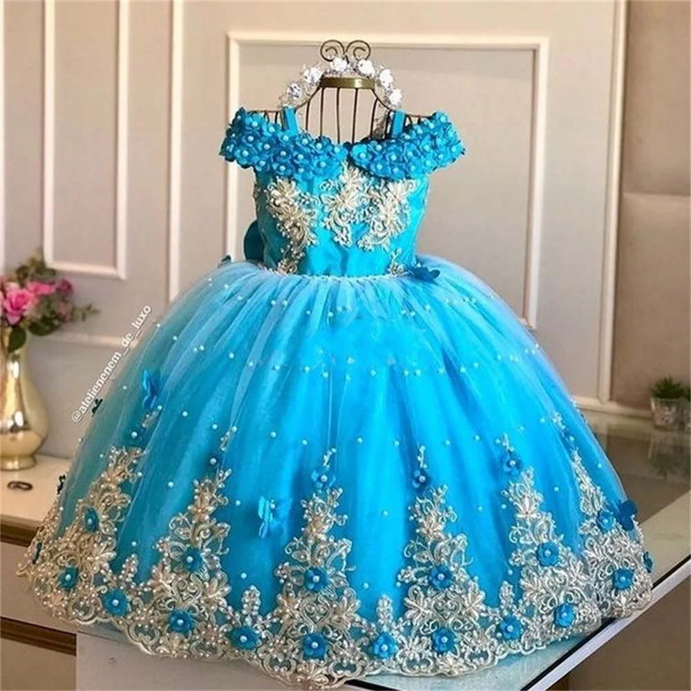 

Baptism Tulle Pearls Blue Flower Girl Dress Lovely For Wedding Beading Applique Off Shoulder Child First Eucharistic Birthday