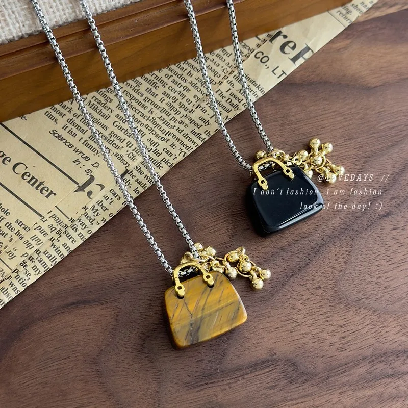 Tiger Eye Obsidian Beaded Necklace Grape Cluster Pendant Long Sweater Chain Unique Design  Natural Stone  Versatile Women