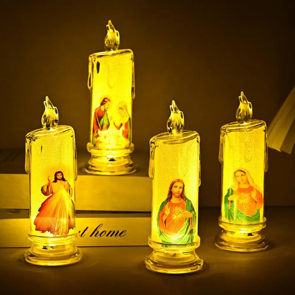 1/4Pcs LED Prayer Flameless Candle Jesus Joseph Virgin Mary Battery Operated Devotional Prayer Candle Religious Decoration Gift