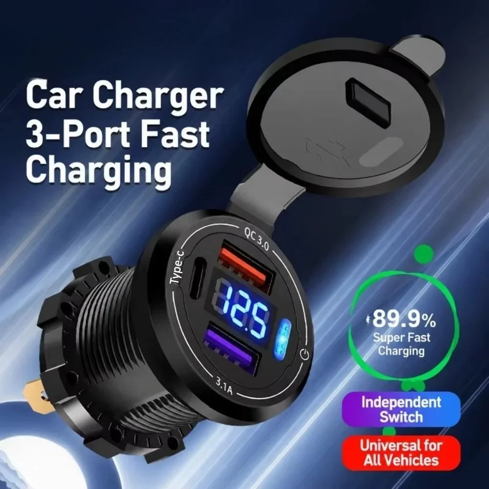 63W Type-c Fast Car Charger with Voltage Display, 12-24V Universal Modified Power Adapter with Switch for Cars & Motorcycles