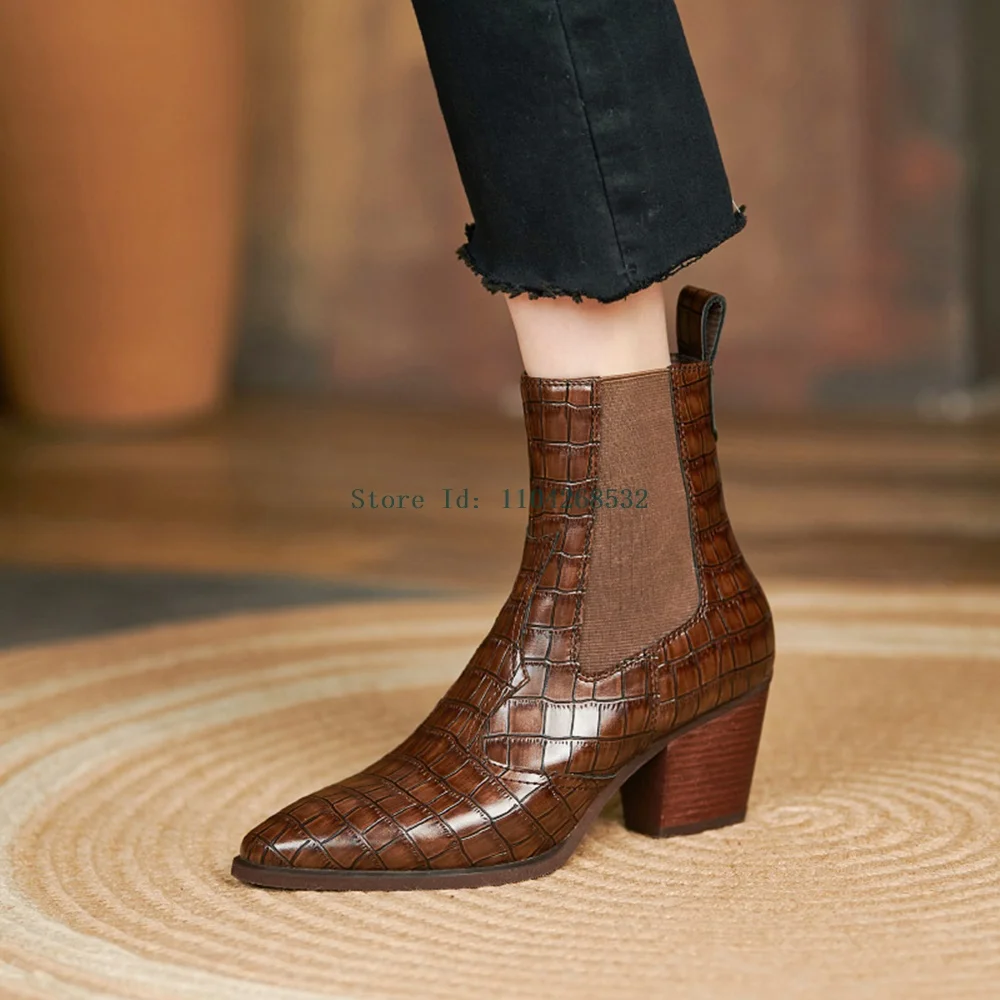 Crocdile Square Heel Chelsea Boots Sexy Pointed Toe Patchwork Slip On Solid New Arrivals Fashion Women Modern Boots