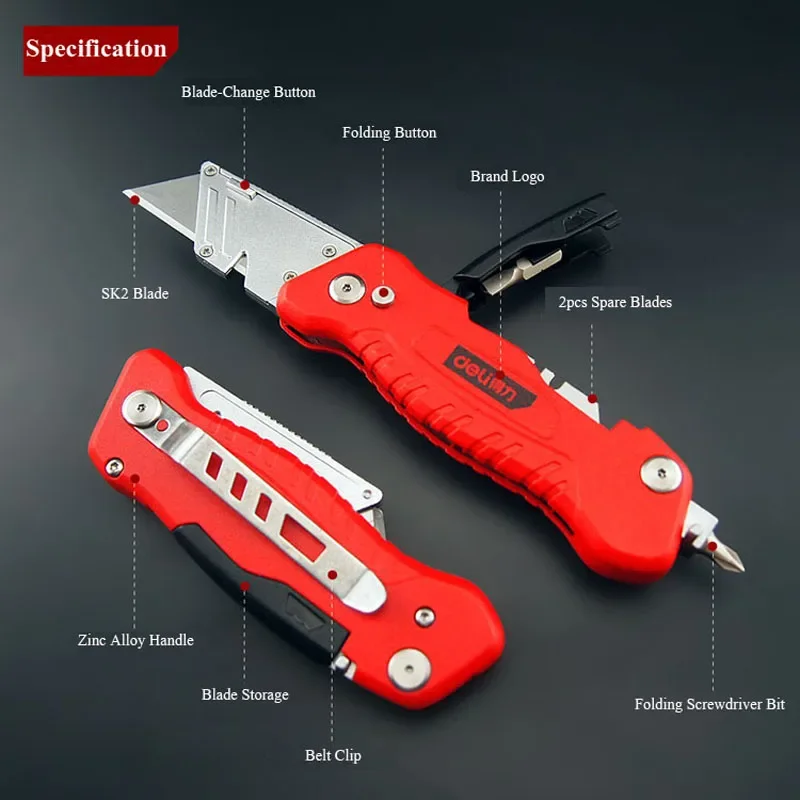 Deli-Zinc Alloy Box Cutter, Facas Utilitárias Multi-Function, Chaves de fenda, Classe Industrial, 2 lâminas no armazenamento