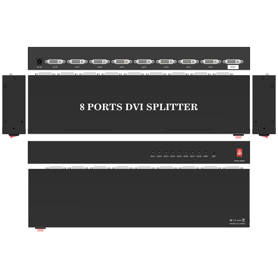 DVI Splitter 1x8 DVI 1 in 8 Out 8Port DVI Distribution Duplicator Splitter Supports Resolution up to1080P for Eight Split Screen