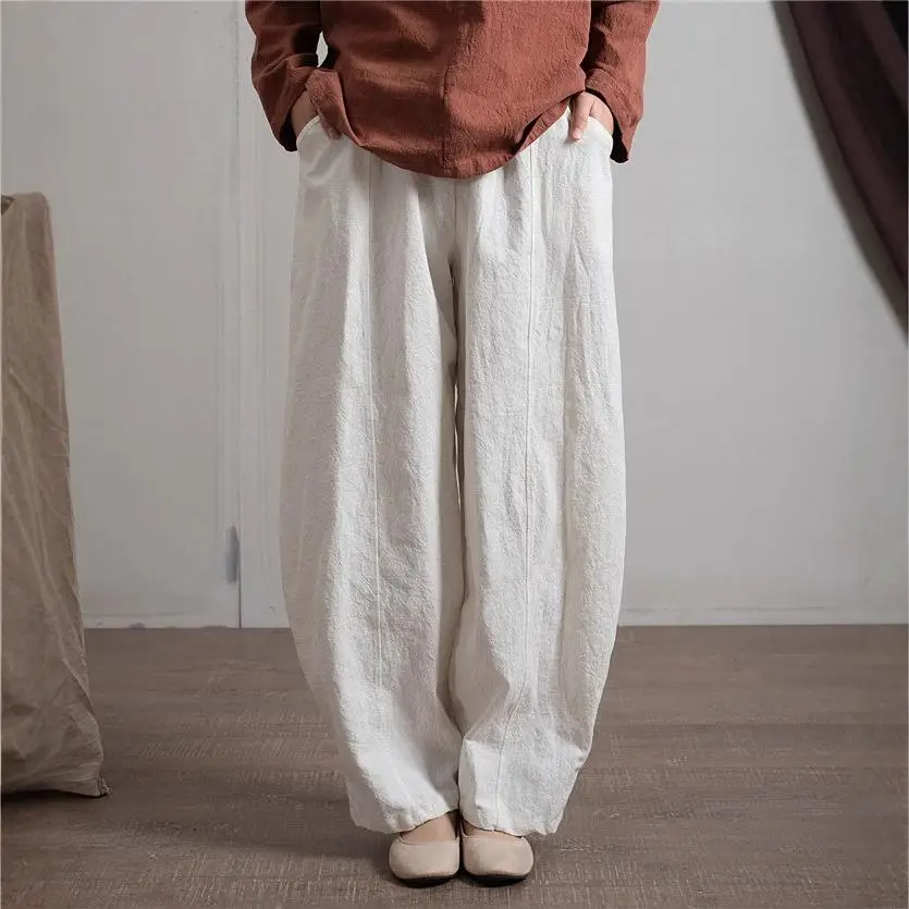 

Хлопковые льняные женские брюки свободного кроя с декоративными вставками спереди, повседневные, с завышенной талией, для женщин среднего возраста