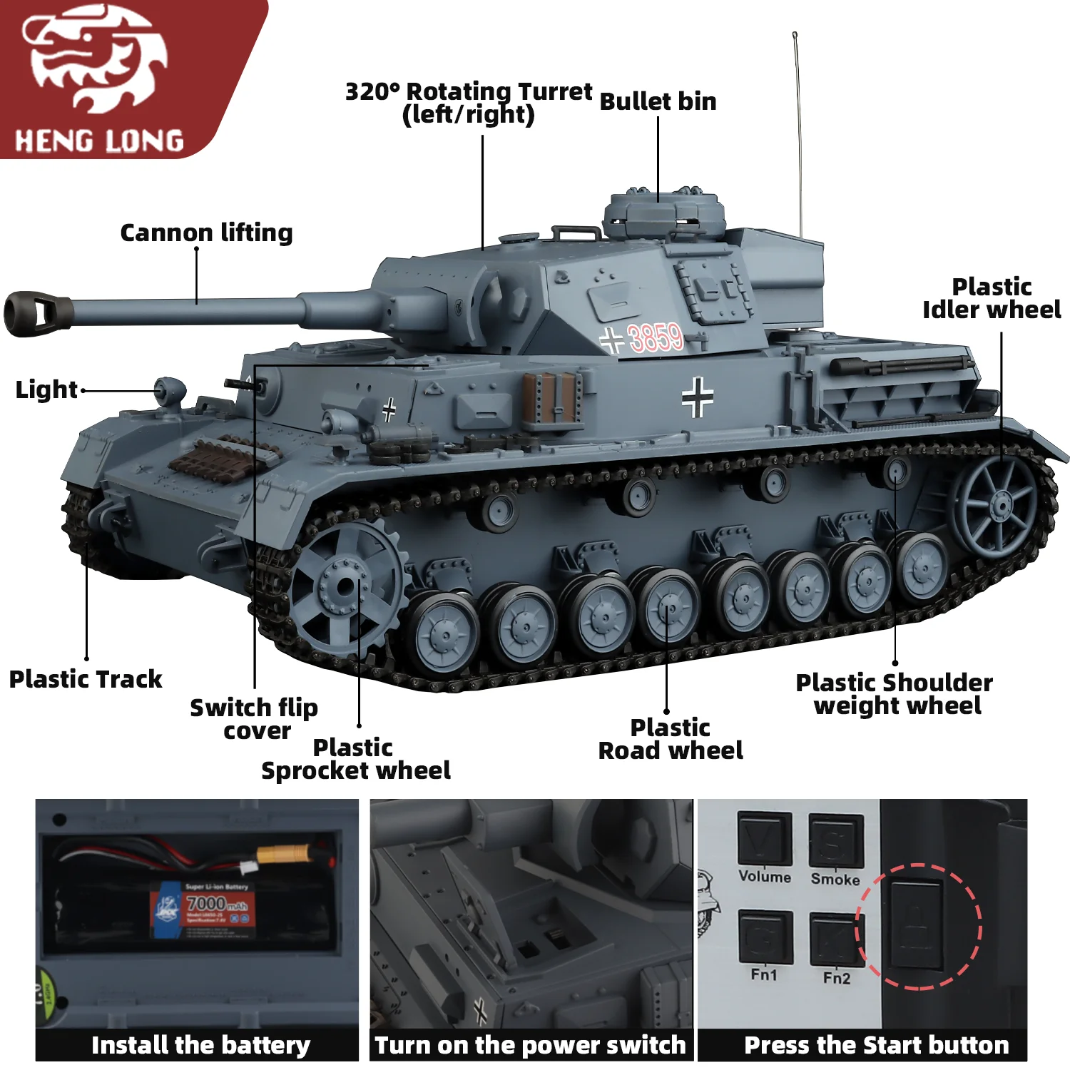 Chars Heng Long rc 1/16 modèle de char allemand Panzer IV F2-Type (Ver de base entièrement en plastique. & 320 °   Tourelle rotative et TK7.0) No.3859