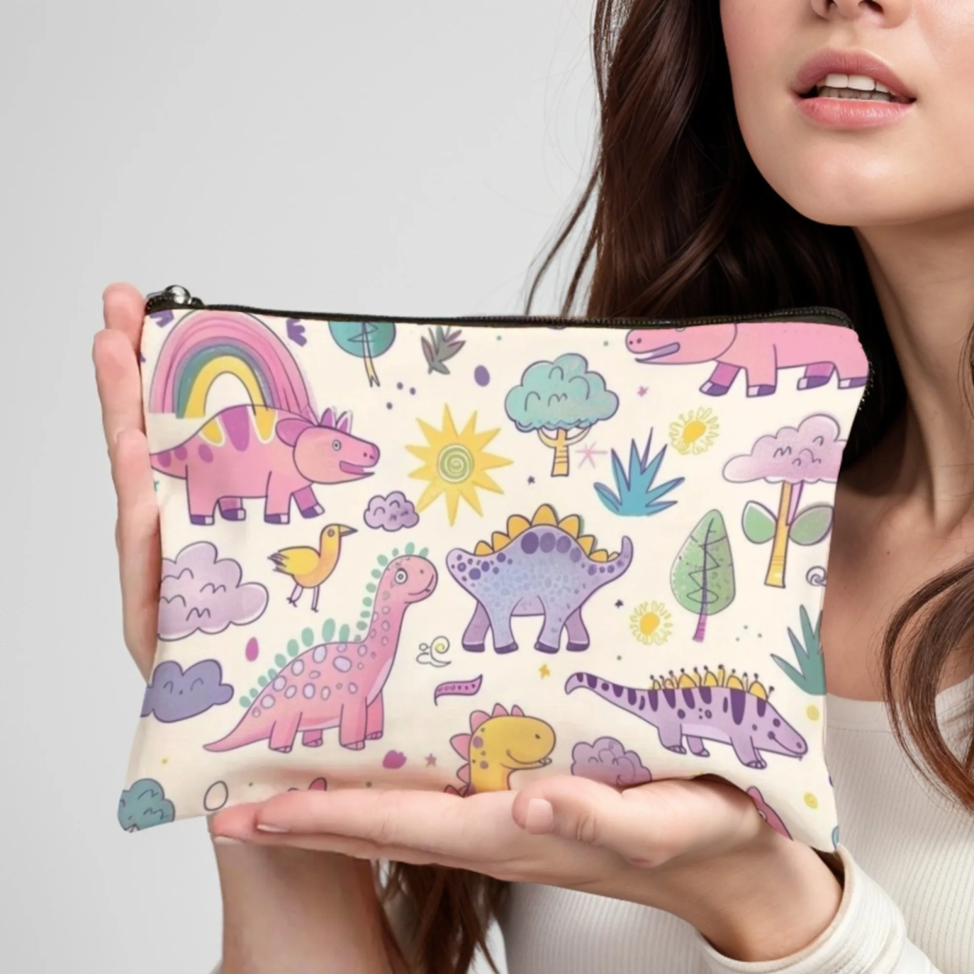 Cute Dinosaur Pattern Print Canvas Makeup Bag with Zipper, Colorful Cartoon Cosmetic Organizer ,For Girls Travel & Daily Gift