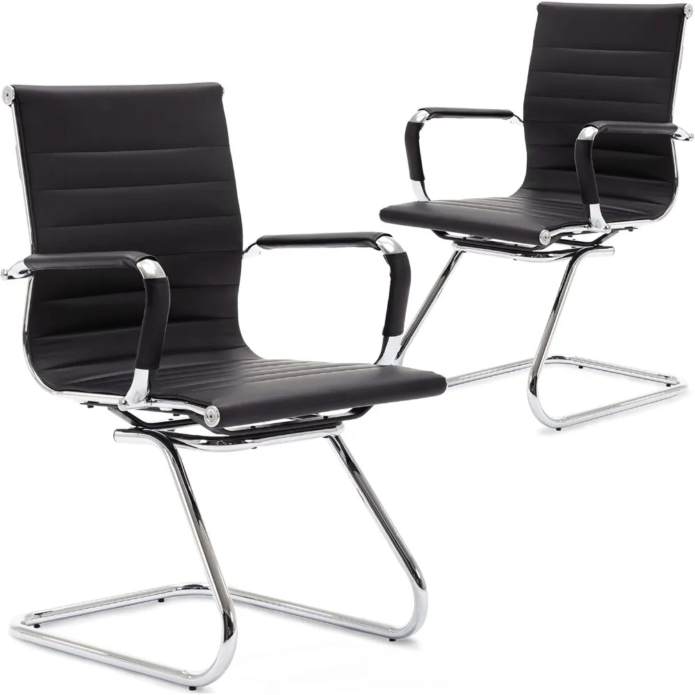 

Office Guest Chairs No Wheels & Reception Chairs, Leather Waiting Room Chair Mid Back Conference Chair with Sled Base for Meeti