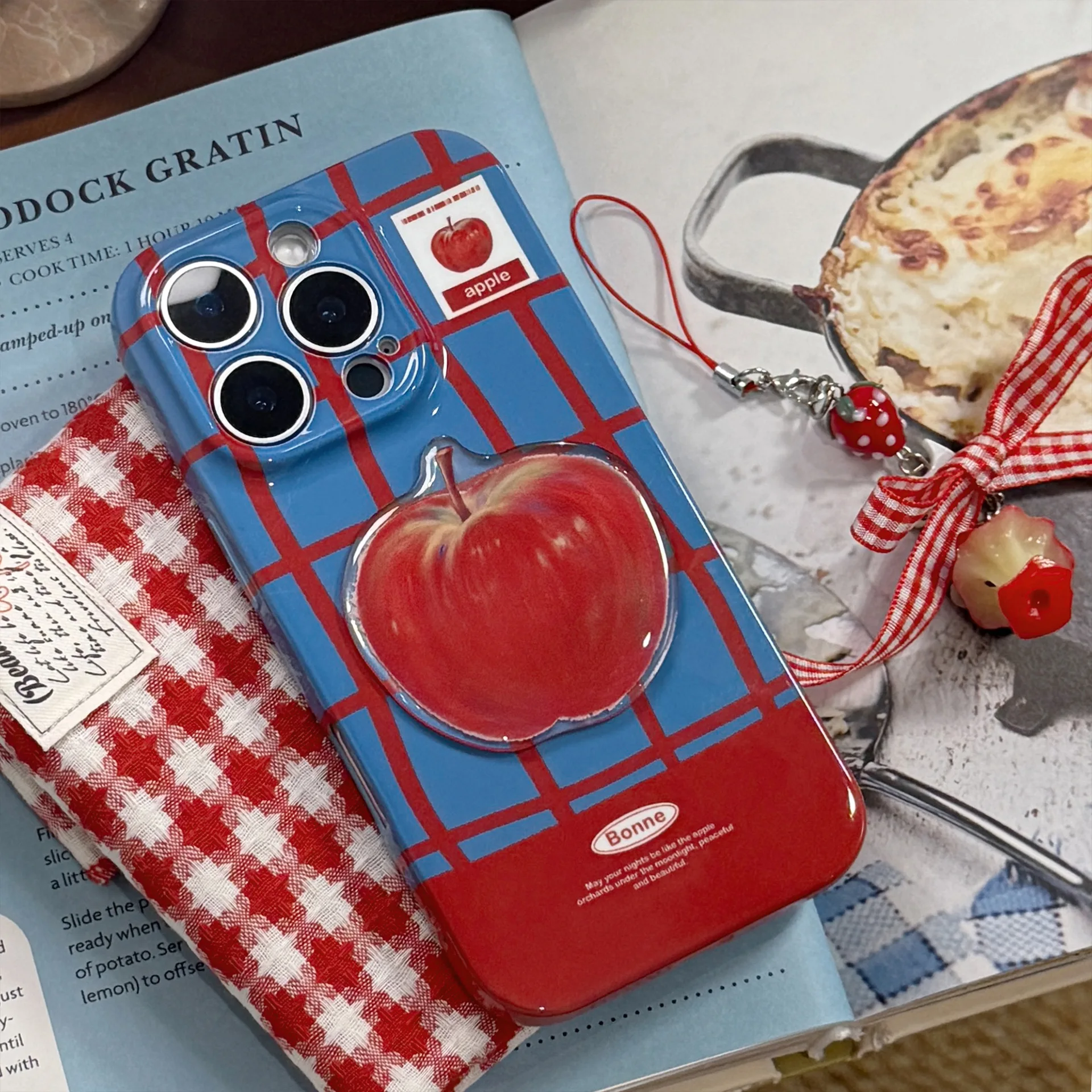 Koreanische süße 3D-rote Apple-Gitter-Handyhülle mit Kette für iPhone 17 16 15 14 13 12 11 Pro Max XS XR X 7 8 Plus stoßfeste Abdeckung