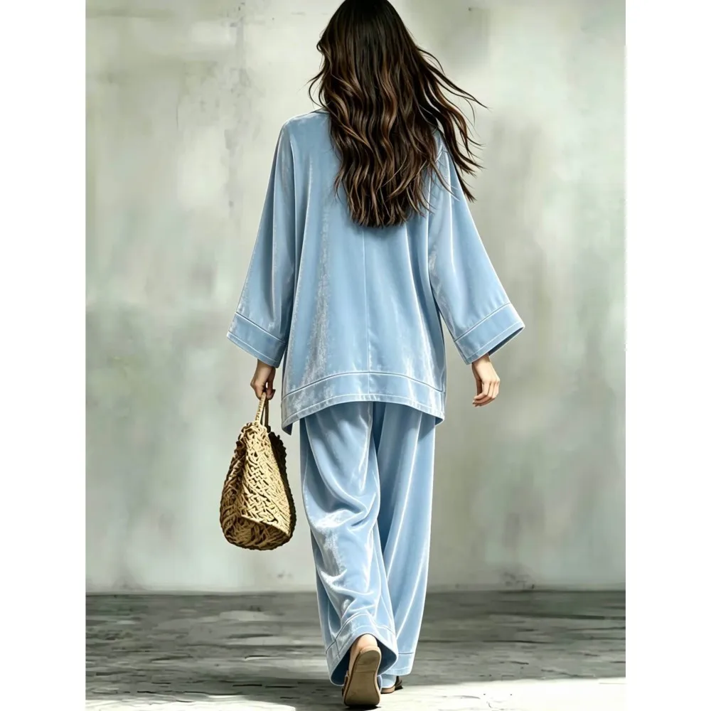 Autumn Winter New Velvet Vintage Loose Batwing Long-Sleeved V Neck Women Pants 2-Piece Casual Wide Fitting Long Pants Female Set