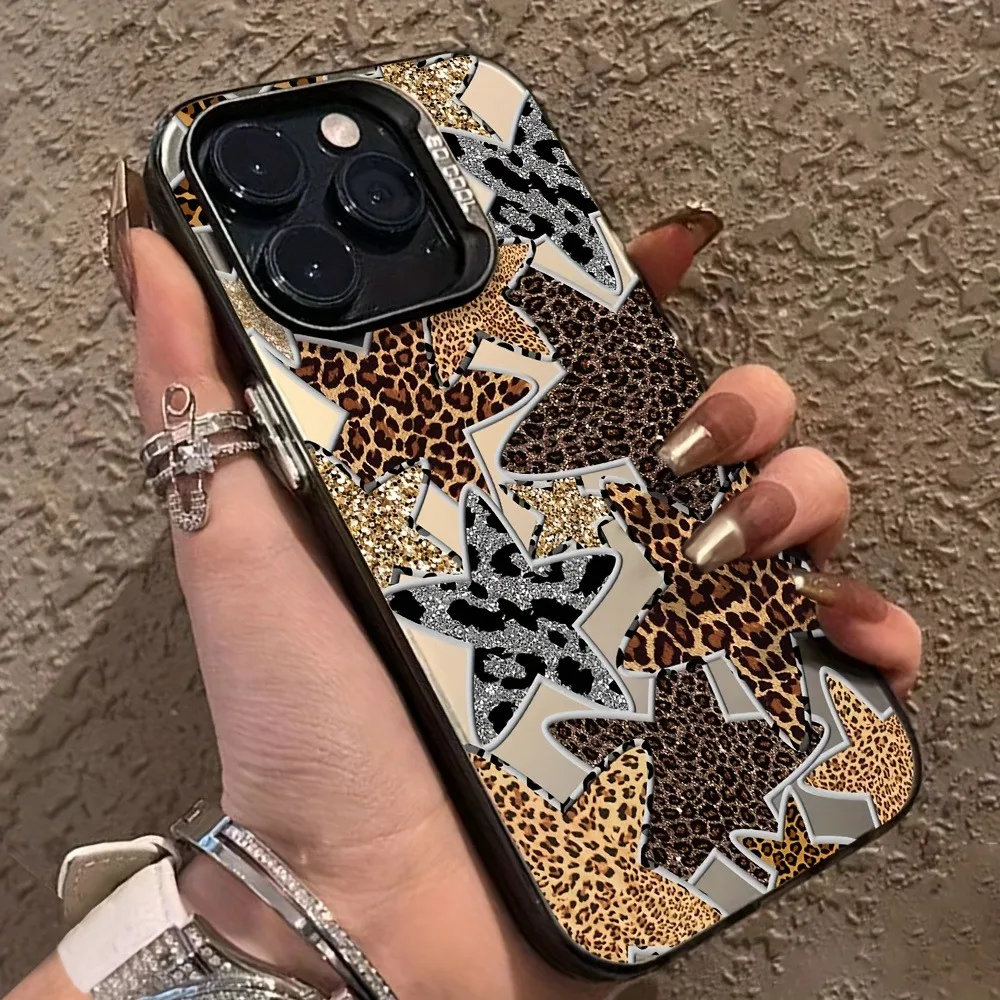IMD Material Phone Case for iPhone 16 17 Cases iPhone 16e 15 14 13 12 11 Pro Max XS X XR 7 8 Plus Black Leopard Print Star Cover